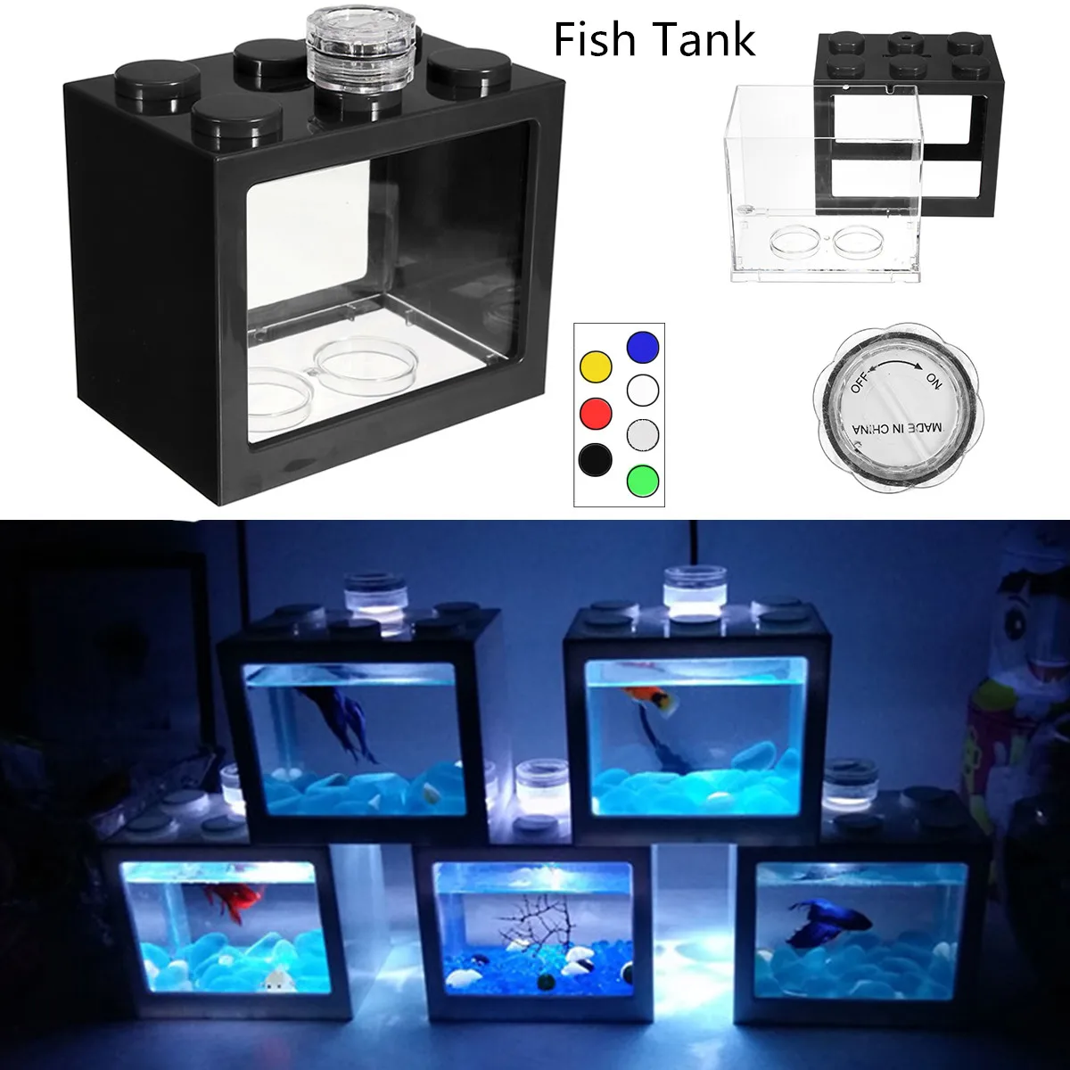 

Mini Fish Tank 6 Colors LED Light Lamp Button Knob Aquarium Building Fish Tank Home Office Tea Table Decoration
