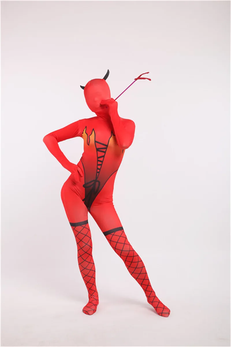 Костюм для косплея дьявол на хеллоуин для взрослых Zentai Catsuit Demon 3D принт обтягивающий боди Женский сексуальный костюм