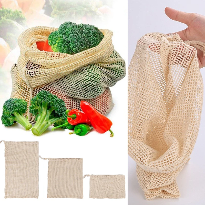 Многоразовые хлопковые мешки для овощей для дома, кухни, для хранения фруктов и овощей, сетчатые мешки с кулиской, машинная стирка