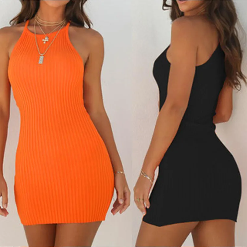 

Skinny Sling Mini Dress Women's Sexy Summer Sleeveless Slim Mini Short Knitted Bodycon Plain Dress 2019 Summer Womens