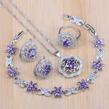 Фиолетовый костюм Ювелирные наборы Роза кубический цирконий CZ камень 925 пробы серебряные серьги ожерелья кольца браслеты