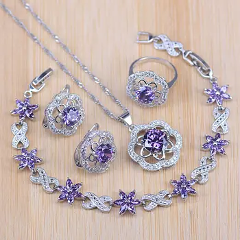 

Purple Costume Jewelry Sets Rose Cubic Zirconia CZ Stone Silver Color Earrings Necklaces Finger Rings Bracelets