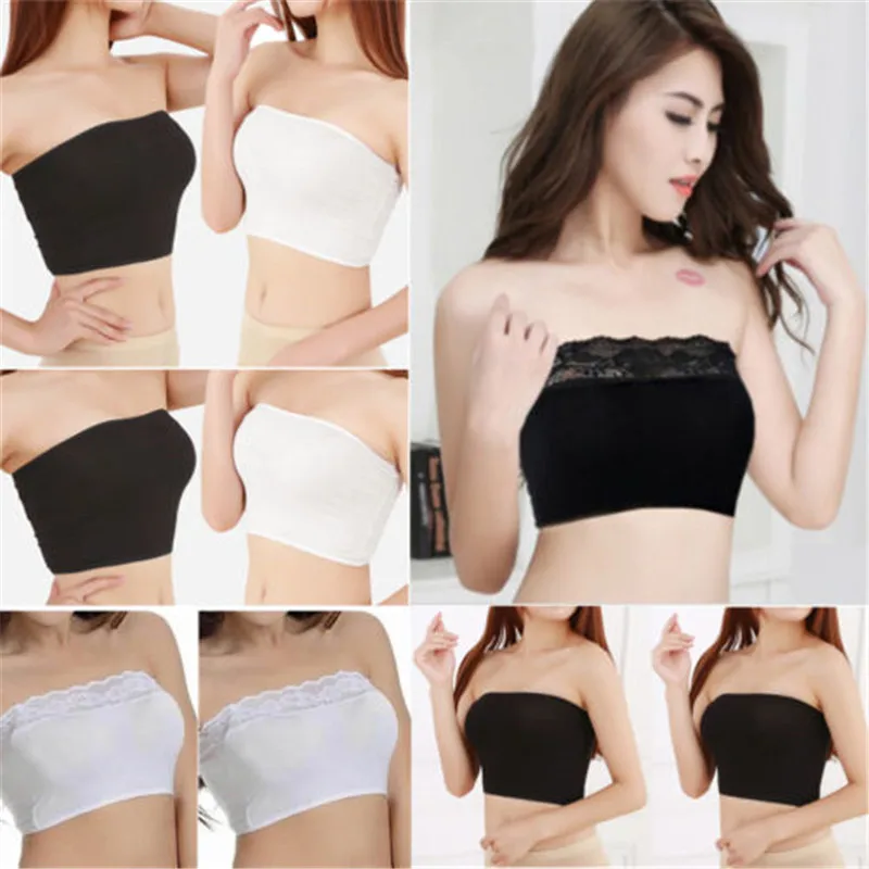

Women Soft Lace Tube Tops Ladies Strapless Seamless Breathable Back Bandeau Bra Boob Comfort Tops Black White