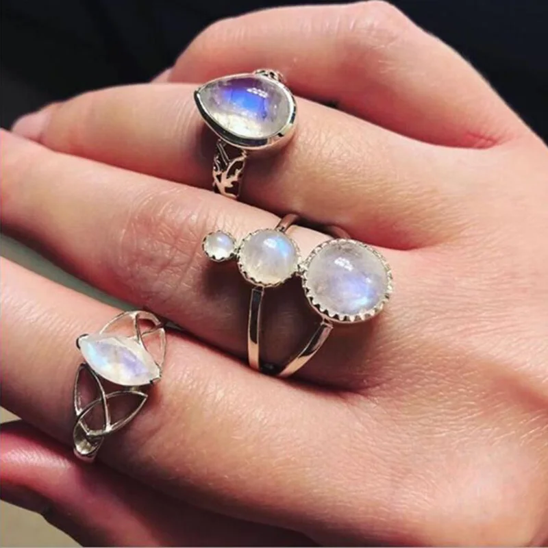 

Mossovy Simple 3pcs/set Silver Ball Boho Rings for Female Water Droplets Colorful Zircon Engagement Ring Set for Women Bohemian