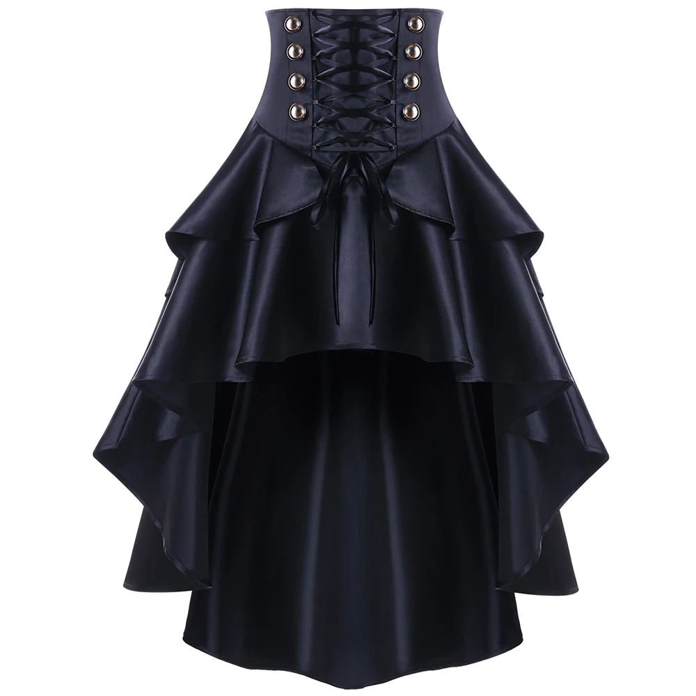 

Joineles Gothic Style High Low Layer Women Skirts Solid Lace Up Ribbons Female Skirts Empire Club Party Skirts Punksteam Skirts