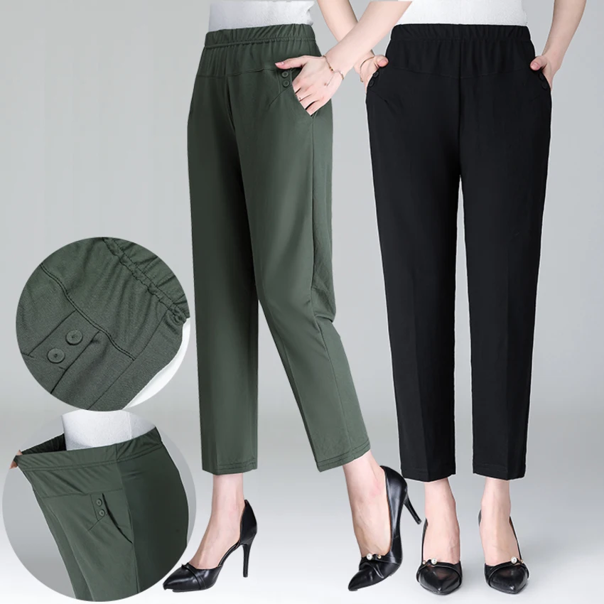 

Plus Size 4XL Spring Summer Straight Pants Middle Aged Women Elegant High Waist Thin Casual Trousers Female Clothes