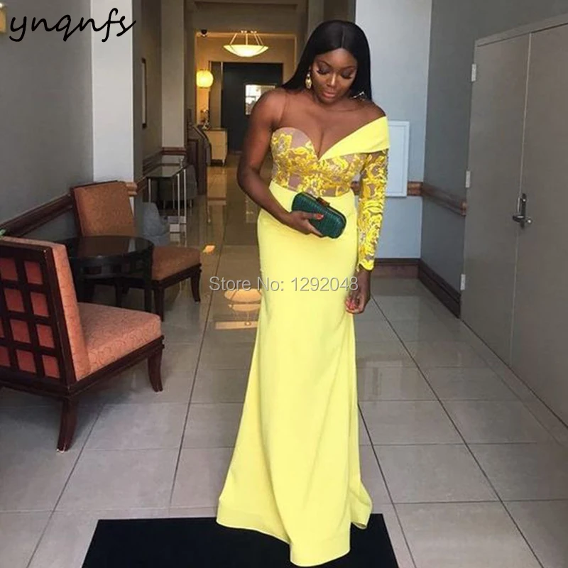 

YNQNFS E51 Jersey Lace Appliques One Shoulder Long Sleeve Women Elegant Formal Dress Party Mermaid Dress Evening Yellow 2020