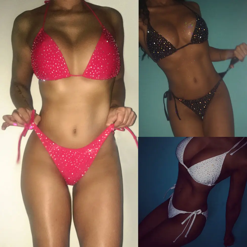 

Hirigin Sexy Women Swimwear Sequin Bikini Set Glitter Bandage Halter Bathing Swimsuit Beachwear