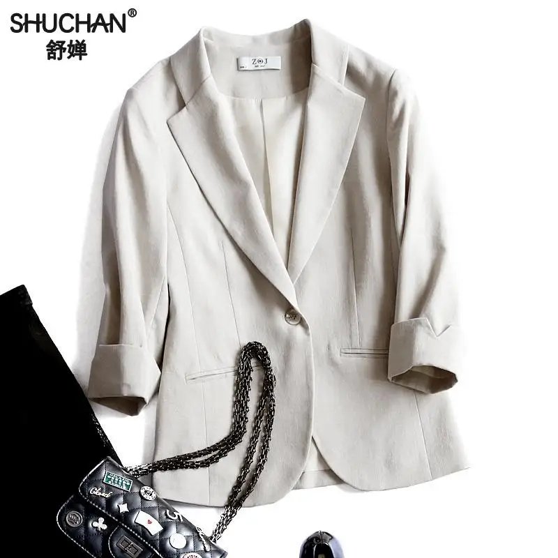 

SHUCHAN Cotton Linen Women Single Button Blazer Three Quarter Sleeve Blazer Feminino Slim Female Suits Causal Jackets Z-7618