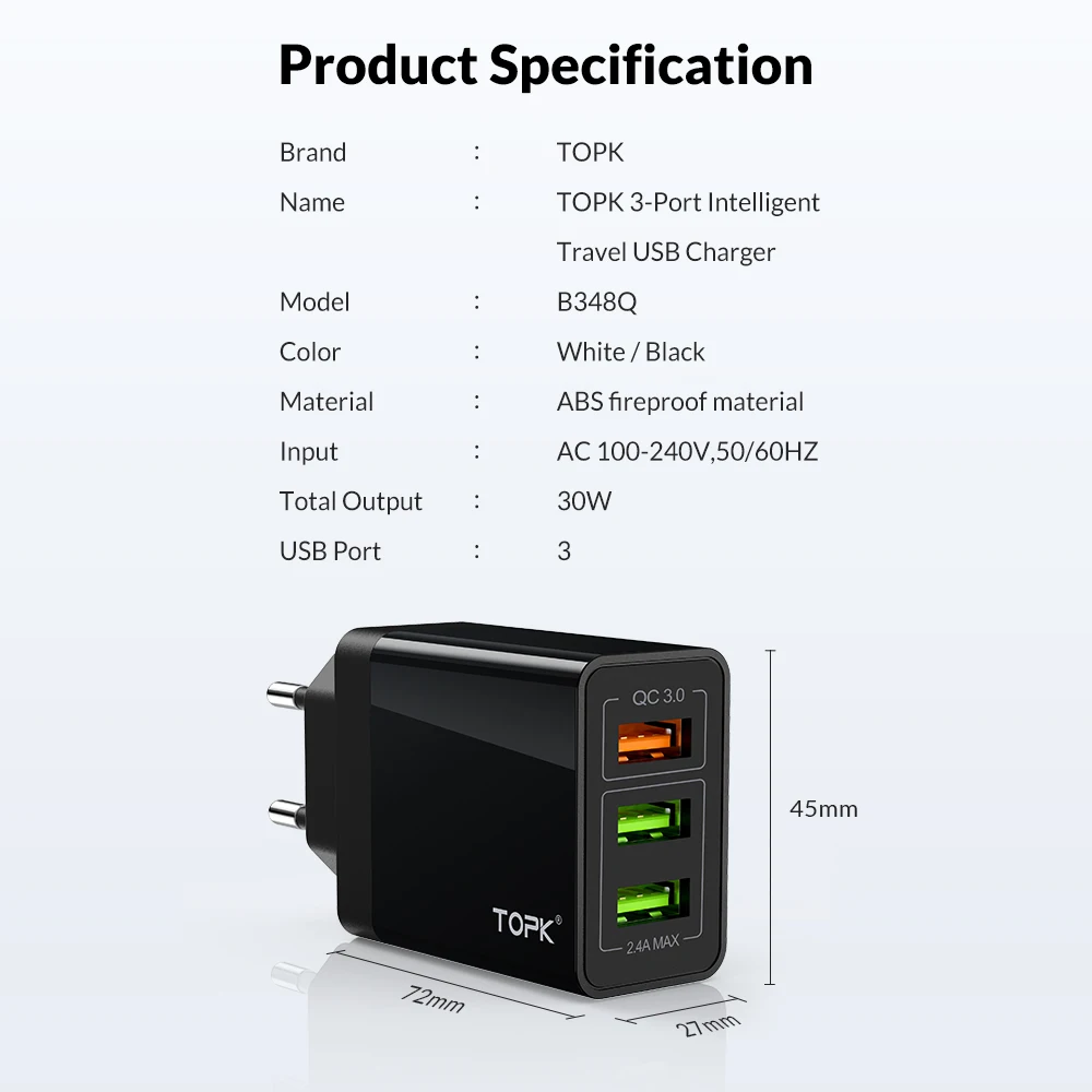TOPK B348Q Quick Charge 3.0 USB Charger QC3.0 Fast Charging Multi Charger for Samsung S10 Xiaomi Mi9 Travel Wall Phone Charger TOPK B348Q Quick Charge 3.0 USB Charger QC3.0 Fast Charging Multi Charger for Samsung S10 Xiaomi Mi9 Travel Wall Phone Charger