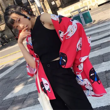 

Kimono Women Cardigan Harajuku Half Sleeve V-neck Blouses mask Print Coat Loose Black Red Chiffon Shirts Sunscreen coat Q018