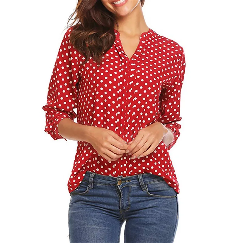 

Polka Dot Chiffon Blouse Shirts Plus Size V-neck Long Sleeve Work Office Ladies Tops 2019 Summer Autumn Blusas 5XL Boho Clothing