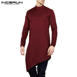 INCERUN Непала Стиль мужские рубашки с длинным рукавом и асимметричным подолом Мужская классическая рубашка Кнопка Твердые кафтан Курта