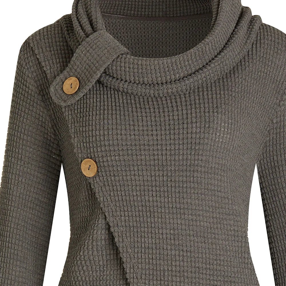 Rosegal, Свитера размера плюс, на пуговицах, с разрезом спереди, женские пуловеры, Осень-зима, повседневные, с воротником-хомутом, с длинным рукавом, одноцветные свитера, джемперы