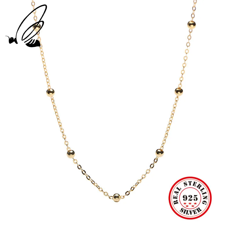 

Real 925 Sterling Silver Necklace Gold Color Beads Chain Charms Necklace Unisex Fine Collares Fine Jewelry Bijoux For Women Men