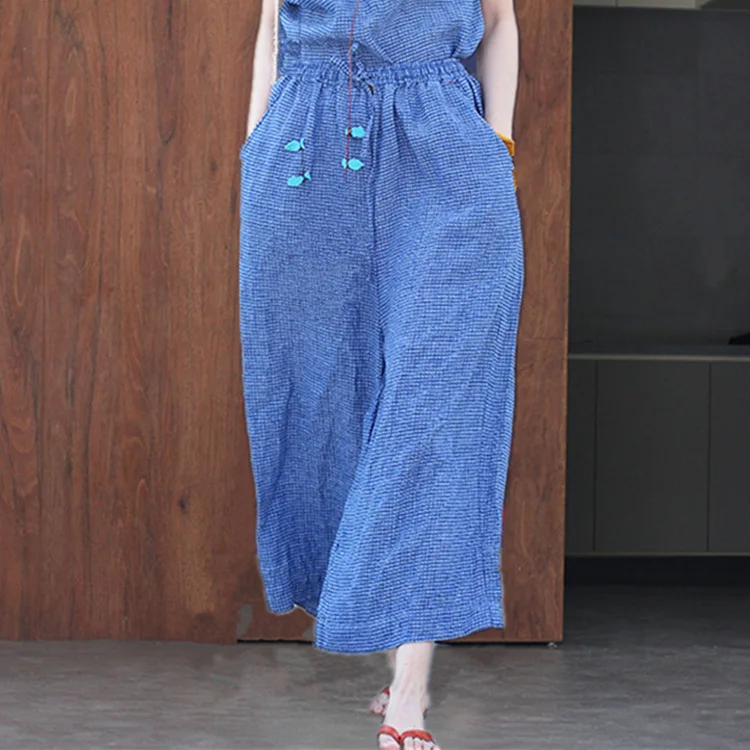 

Portsmouth Blue Small Square Degree Of Tightness Waist Pull Rope Nine Part Easy Literature Leisure Time Hit Seat Pants h190508