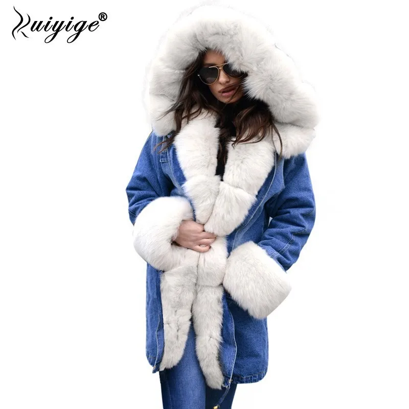 

Ruiyige New Winter Jacket Women 2018 Fur Hooded Coats Woman Jeans Coat Winter Long Parkas Female Winter Jackets Female Plus Size