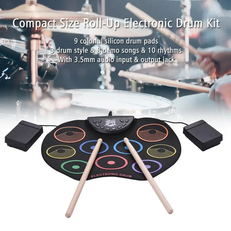 

Color USB Electronic Drum Kit 9 Silicon Drum Pads Roll-Up Drum Set For Children And Kids Musical Instrument