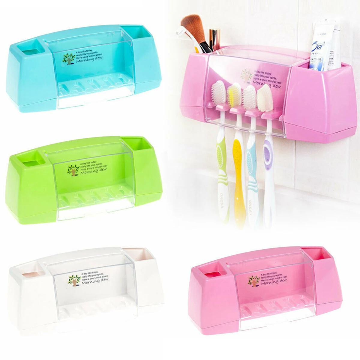 

Multifunctional Wall Mount Dust-proof Toothbrush Holder Self-adhesive Wall Mount Stand 2 Toothpaste +5 Toothbrushes Slots
