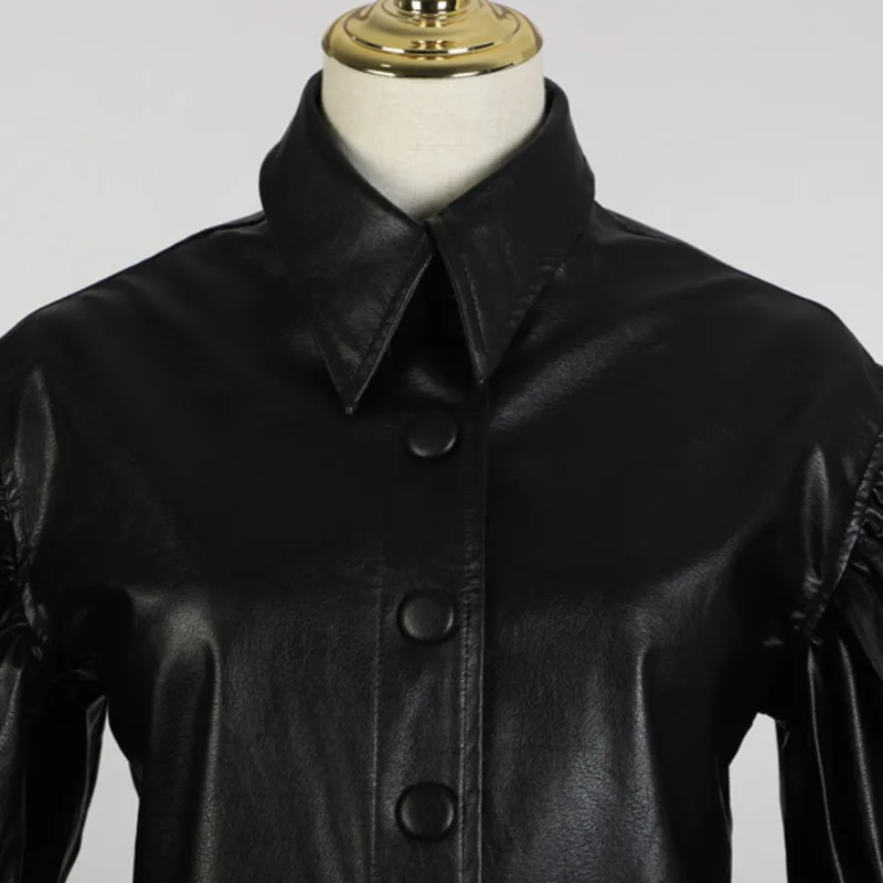 Court En Manches Long Bouffantes Printemps Collar Le089 Solide black down Turn Élégant Pu Poitrine Brown eam Couleur Manteau 2019 Cuir Unique Femme nqag8nY60
