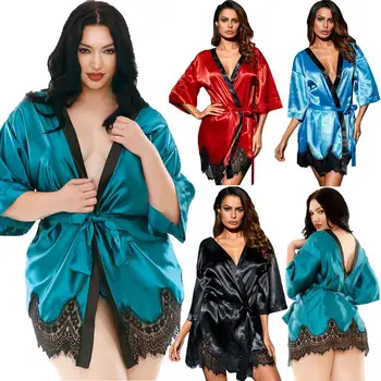 

2019 New Women Sexy Lace Patchwork V-Neck Underwear Lingerie Nightdress Sleepwear Robe