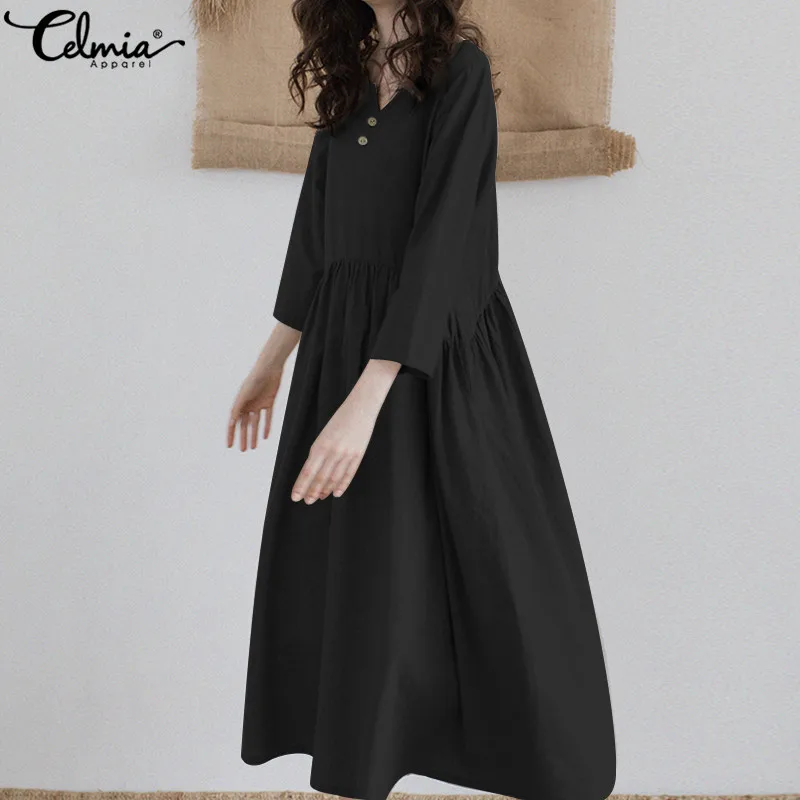 

Plus Size Long Dress Celmia Women Vintage Maxi Dress Casual 3/4 Sleeve Button Down Casual Loose Pleated Shirt Vestidos Plus Size