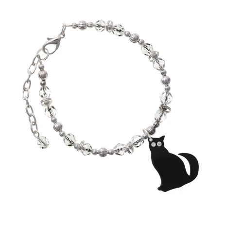 Acrylic Sitting Black Cat with Crystal Eyes Clear Beaded Bracelet |