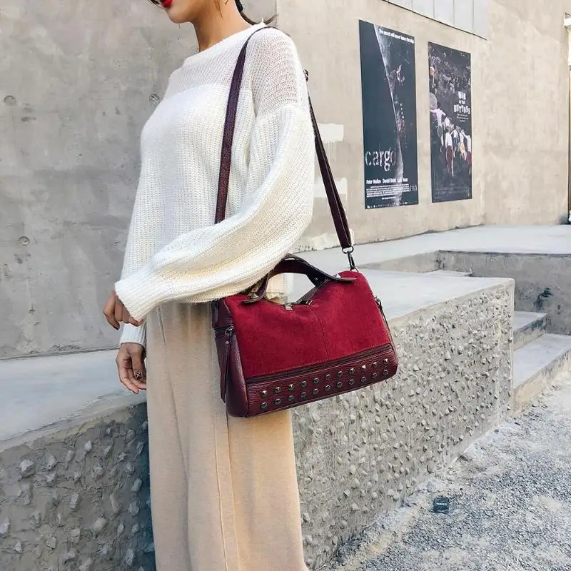 

Vintage Nubuck Leather Rivet Larger Messenger Bag Women Handbag Women Shoulder Bag Larger Top-Handle Bags Travel Bag