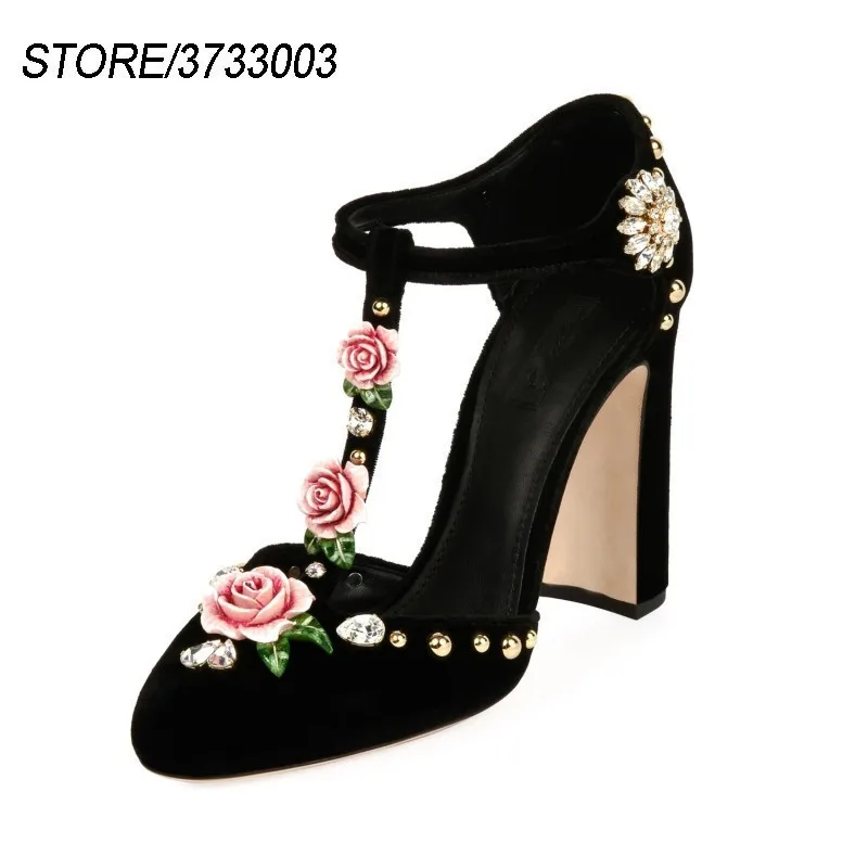 

2019 Newest Luxury Velvet High Heel Shoes Women Round Toe Rhinestone Diamond Flower Mary Janes Party Shoes Woman