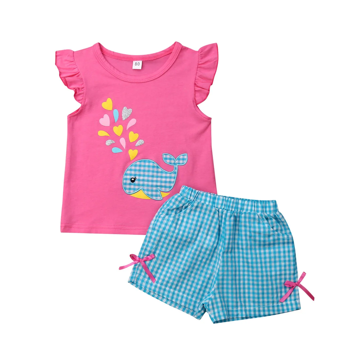 

2PCS Cute Toddler Baby Girl Summer Outfits Sleeveless T-shirt Cartoon Whale Print Tops Plaid Short Pants Clothes Set