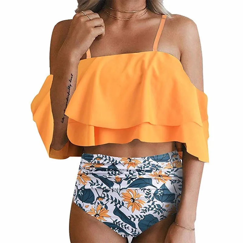Sexy Bikinis Women High Waist Swimsuit Push Up Swimwear Flower Print Ruffle Bikini Set Beach Wear Bathing Suit Female Biquini |