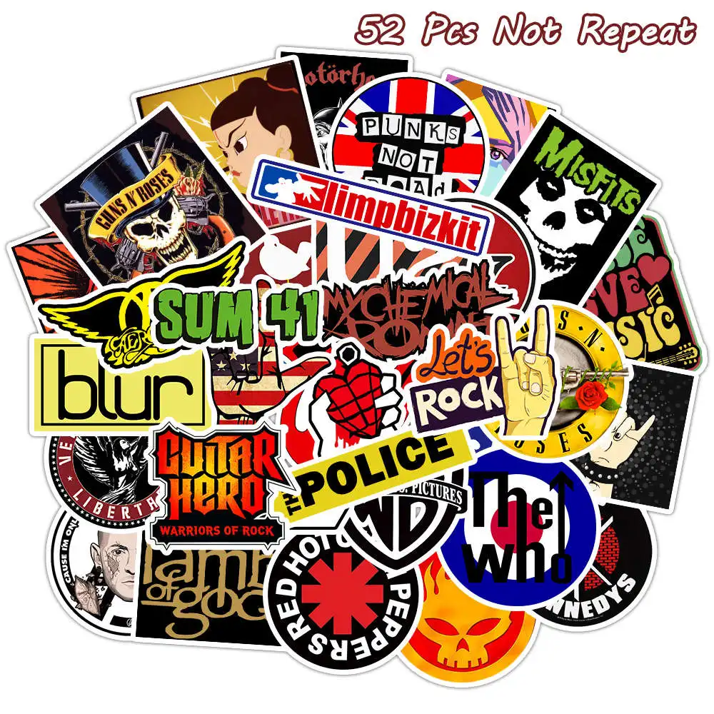 

52 PCS Rock Sticker Retro Rock Band Music Graffiti Stickers For Motorcycle Luggage Skateboard Laptop Guitar Pvc Toy Stickers