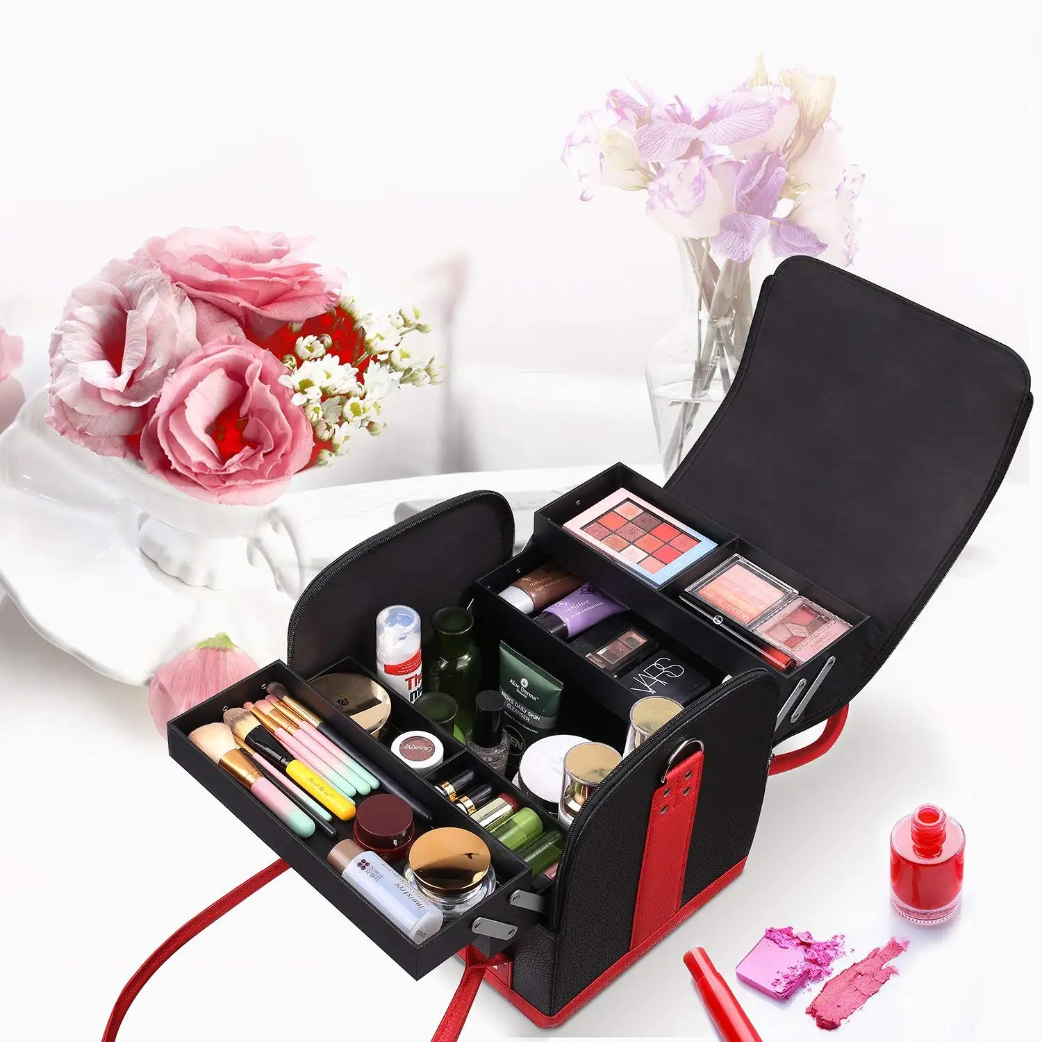 

Professional Large Removable Pu Leather Cosmetic Makeup Vanity Box Jewelry Saloon Case Bag (Black)