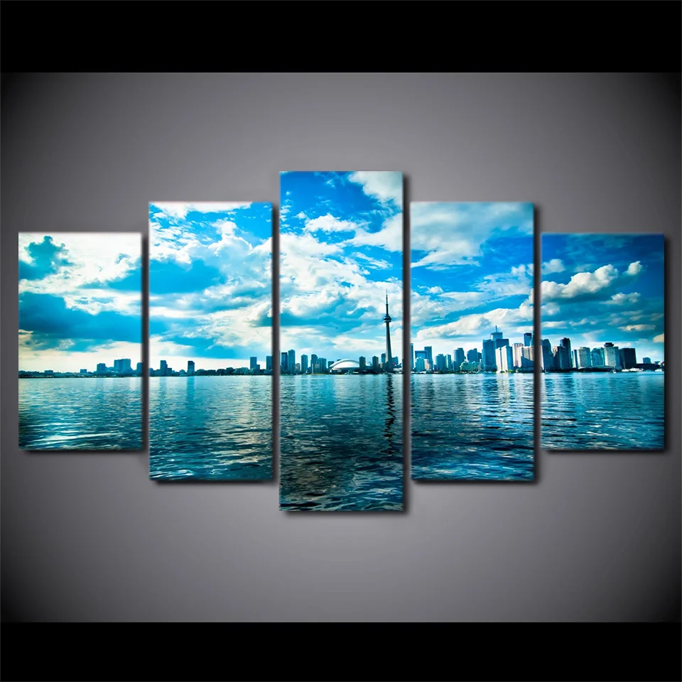 

Canvas Painting Wall Art Framework 5 Pieces Toronto Horizon Lake Blue Sky Modular Picture Tower Seascape Poster Print Home Decor