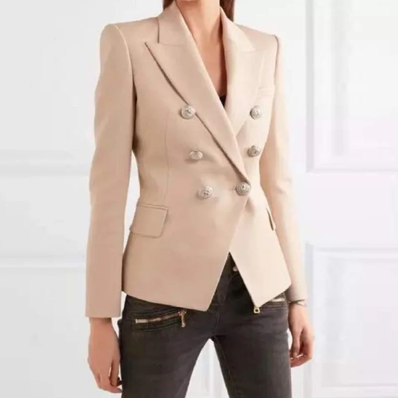 

2018 Winter Formal Women Pink Blazer Runway Designer Double Breasted Silver Metal Buttons Ladies Office Jackets Coat Clothes
