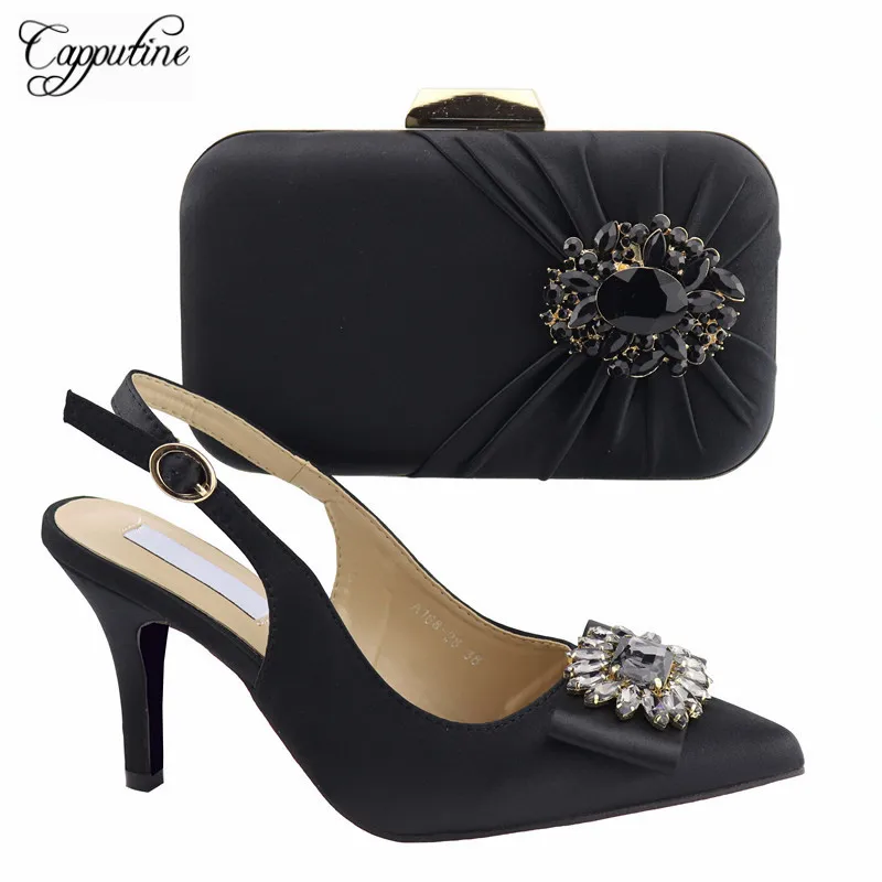 

New Fashion Italian Black Color Shoes With Matching Bag Set African Style Sexy Heels Women Shoes And Handbag Set For Party A168