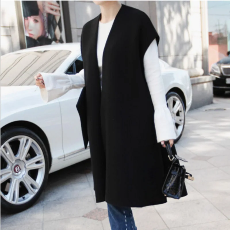 

[EWQ] 2019 spring Autumn Fashion New Sleeveless V-collar Solid Patchwork pockets Open Stitch Casual Long Warm Coat AC317