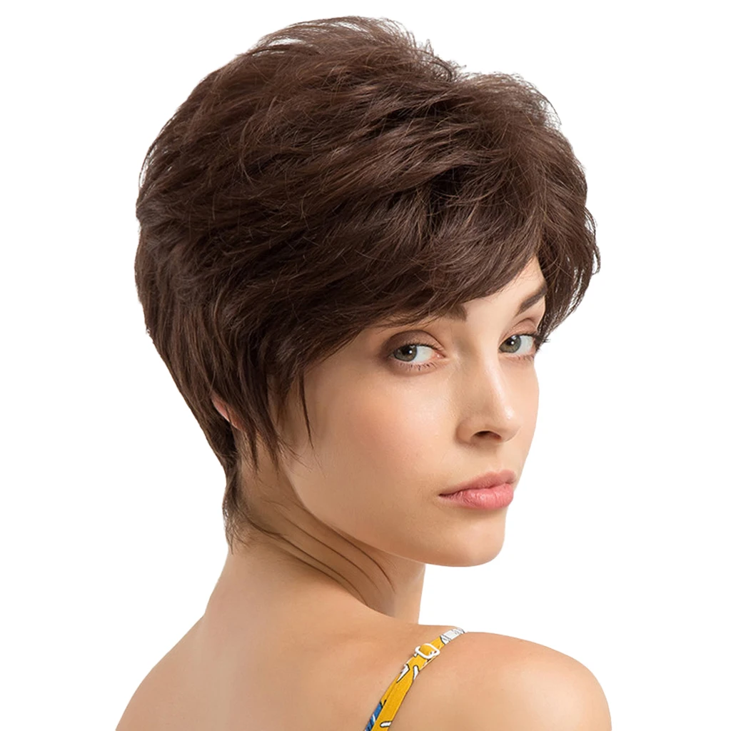 

Chic Short Wigs Women Human Hair with Bangs Fluffy Layered Pixie Cut Wig