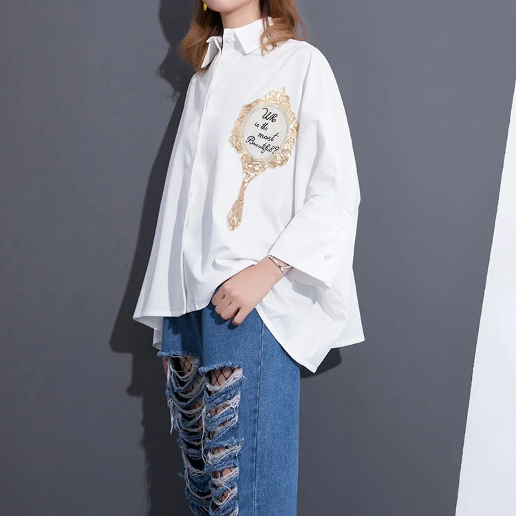  LANMREM 2020 New SpringFashion New Mirror Letter Embroidery White Big Size Shirt Korean Loose Blous