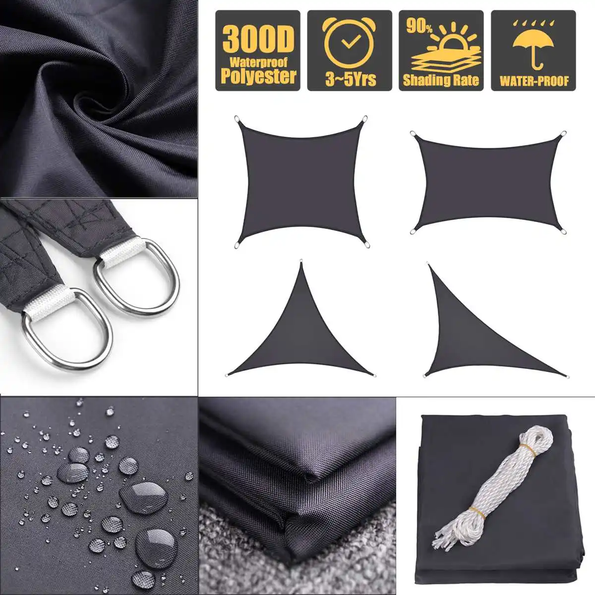 

Black 3x4 3x5 3x6 Black 300D 160GSM Waterproof Polyester Oxford Fabric Shade Sail Rectangle