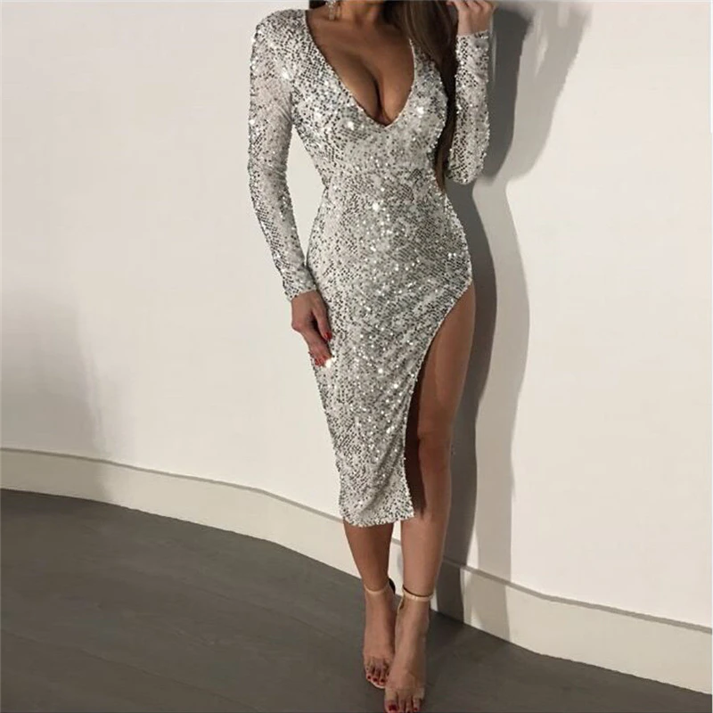 

women sexy side split slim sequined club dress new female v neck bodycon sequin pencil dresses party cocktail clubwear dress