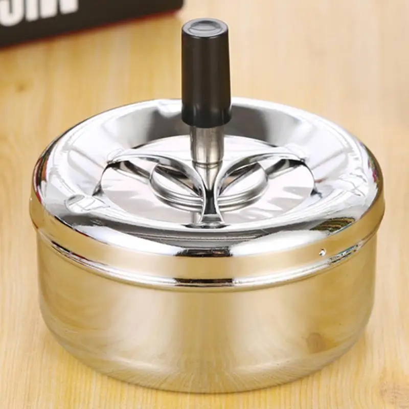 

Stainless Steel Housewares Spinning With Cover 13 cm Round Push Down Cigarette Ashtray with Spinning Tray Holder