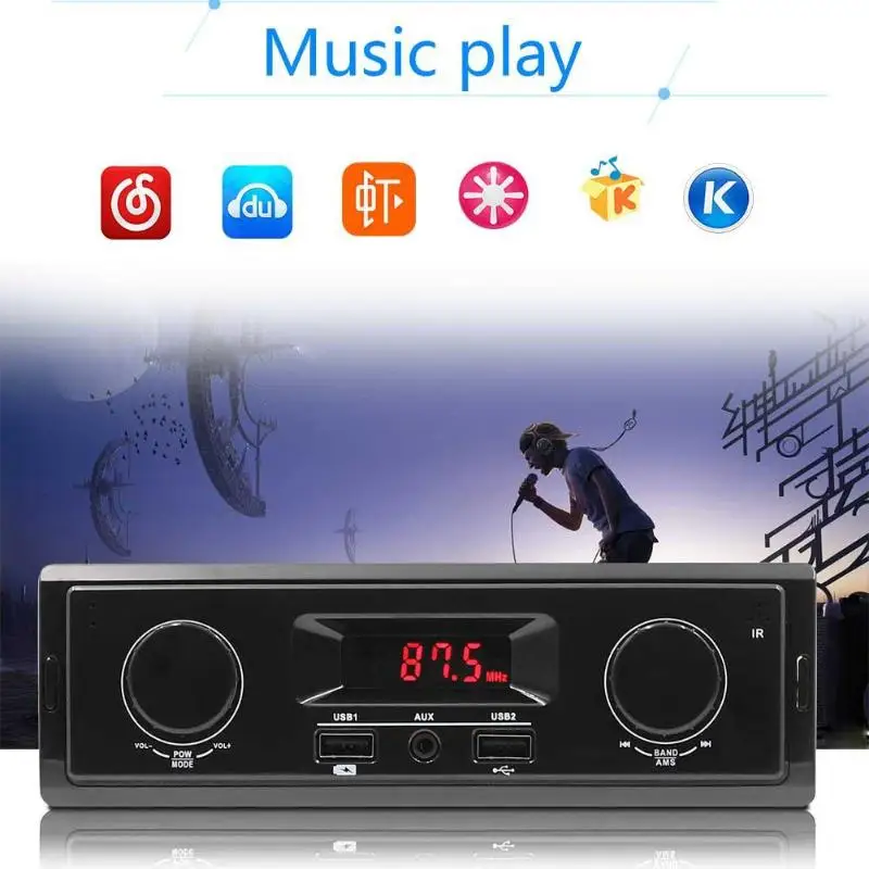 

1 Din In Dash LED Digital Tube Car Stereo MP3 Audio Player FM Radio USB Aux Input Receiver Dual Knob 18-key Card Remote Control