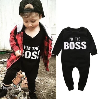 

Long Sleeve Letter Print Romper For Baby Boy I m the boss Print Jumpsuit Autumn