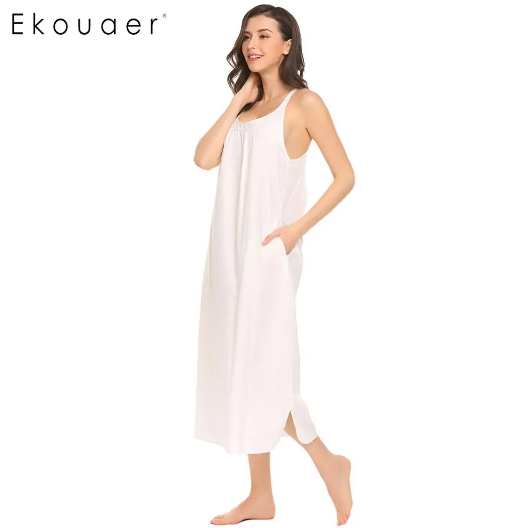 Ekouaer летняя хлопковая ночная рубашка женское длинное белье свободная без рукавов
