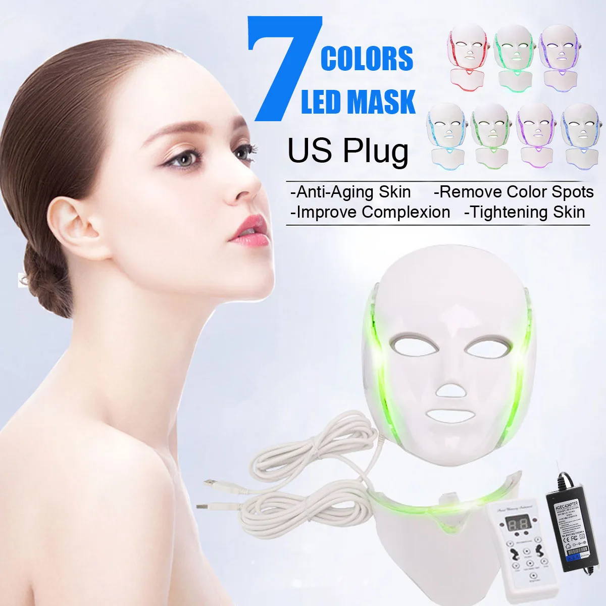 

New 7Colors LED Light Photon Face Neck Mask Rejuvenation For Skin Anti-Aging Beauty Light Therapy Light For Home Use US Plug