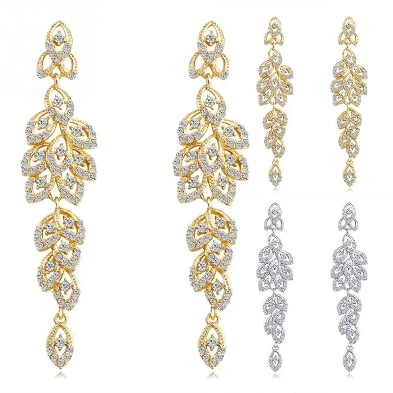 

Hot Women Bridal Vintage Jewelry Long Leaves Tassel Ear Stud Earring with Full Rhinestone