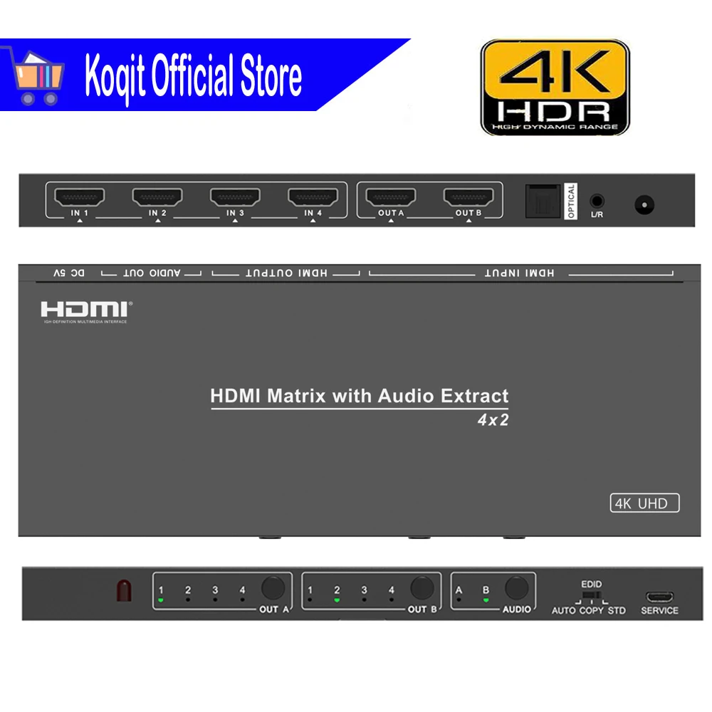 

4x2 HDMI Matrix with Audio extract HDMI Splitter Switch EDID Optical L/R HDCP 4K UHD Converter Digital Analog Audio Extractor