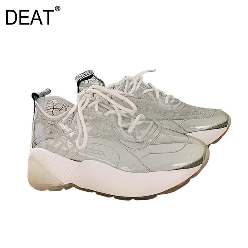 

[DEAT] 2019 New Spring Summer Round Toe Transparent Casual Sport Lace-up Comfortable Single Flat Shoes Women Fashion Tide10SJ191