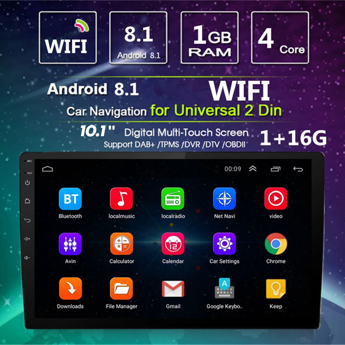 10,1 дюймовый Android 8,1 четырехъядерный 1+ 16G Автомобильный мультимедийный плеер, автомобильный стерео 2DIN bluetooth, wifi, gps, Nav радио, видео, MP5 плеер